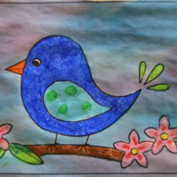 Naïve Spring Bird Greeting Card - mix up food coloring diluted with water and paint the background allowing colors to merge allow to dry