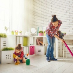 Woman and daughter cleaning house.