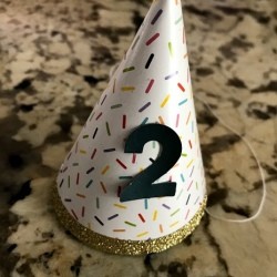 A store bought party hat with a number two added to it.