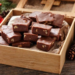 Nut Fudge in a wood box.