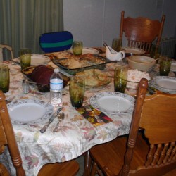 A Thanksgiving table set and ready for dinner.