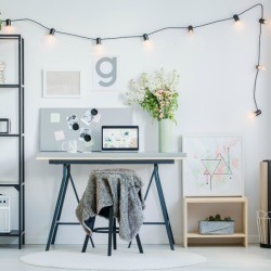 Apartment wall with shelf and desk.