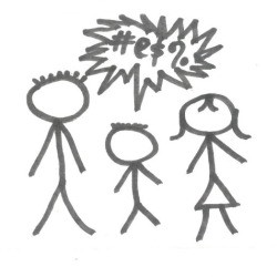 Stick people with a bubble containing curse words.