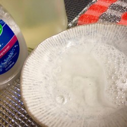 Add Vinegar to Dish Soap - bowl of suds and bottles of vinegar and dish soap