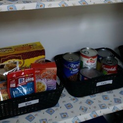 An organized pantry shelf.