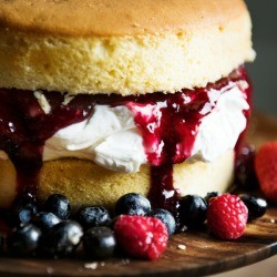 Naked berry cake surrounded by berries.