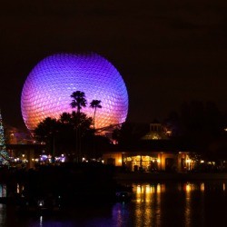 Epcot center at night.