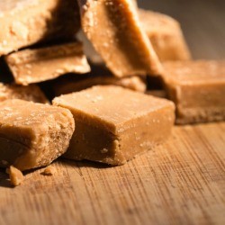 Homemade fudge on a cutting board.