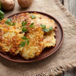 potato latkes on a brown plate with potatoes in background