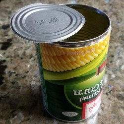 An empty can of corn with both the top and bottom removed. 