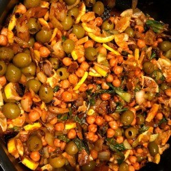 Chickpeas, Olives and Bokchoy in pan