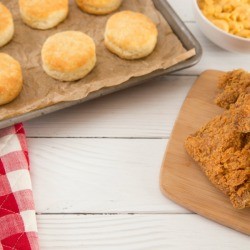 Biscuits, fried chicken and macaroni and cheese.
