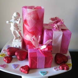 Homemade Mod Podge - decoupaged cylinder in a Valentine's Day arrangement
