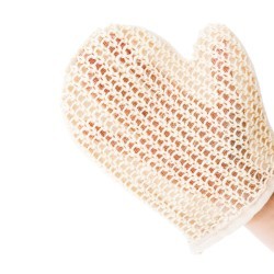 A bath mitt on a hand.
