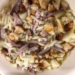 Pork Cauliflower Orzo Soup in bowl 