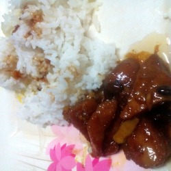 Pork Binaguongan with rice on plate 
