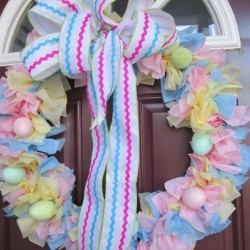 Vinyl Tablecloth Wreath - finished pastel wreath on door