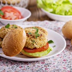 Cauliflower burger on a plate.