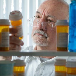 A man looking through a medicine cabinet for his prescription.