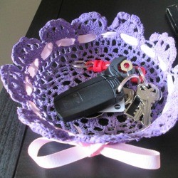 How to Make a Stiffened Doily Bowl - car keys in purple bowl which has had a pink ribbon laced through it