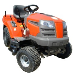 An orange riding lawn mower on a white background.